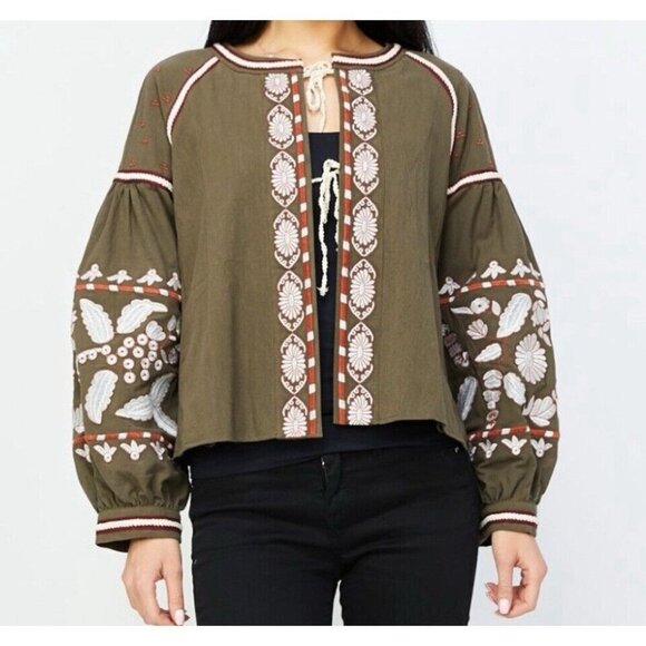 Anthropologie RD + Koko Shirt Jacket Cream Black Tie Front Embroidered Boho Sz M - Picture 12 of 12